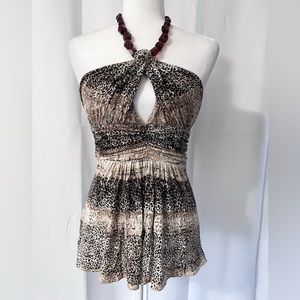 SKY TOP Womens size S , Animal print sexy SKY top Large beaded necklace detail